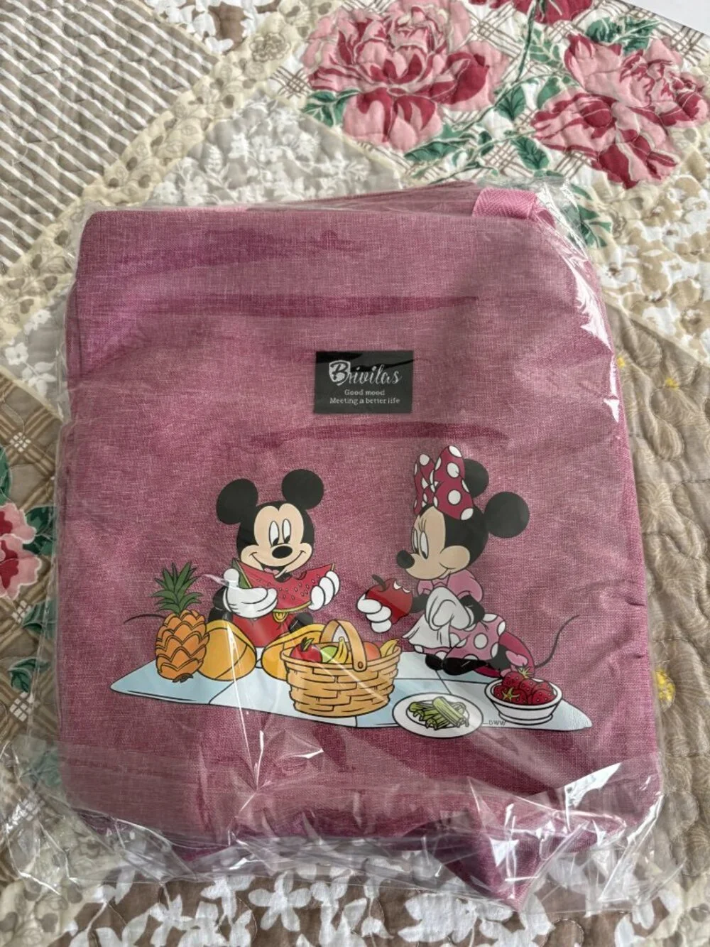 Brivilas Pink Mickey and Minnie Mouse, insulated lunch bag, and Blue Bento Box